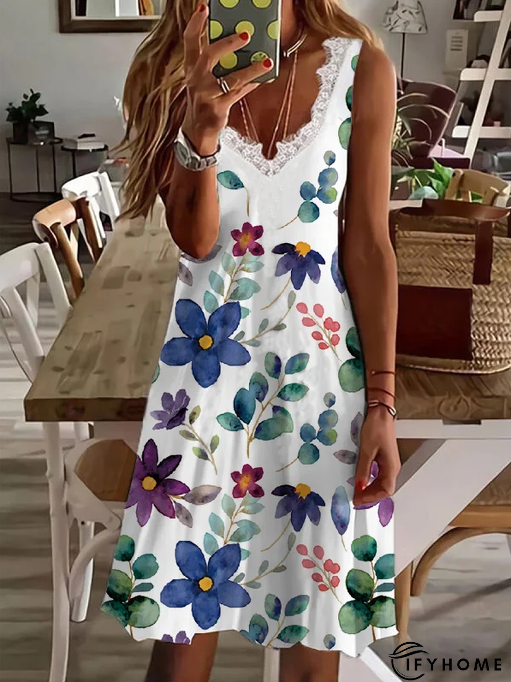 Floral Casual V neck Sleeveless Knit Dress | IFYHOME