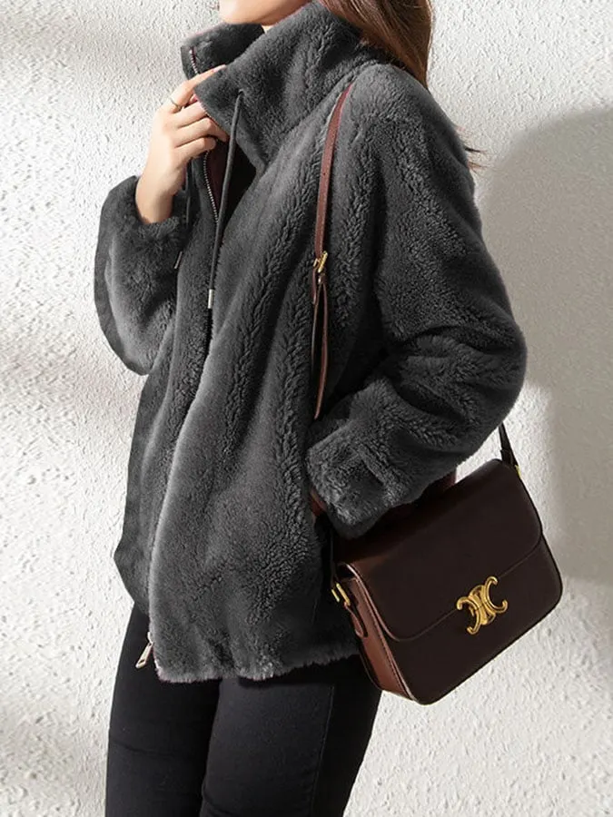 Casual Solid Fleece Stand Collar Zip Coat