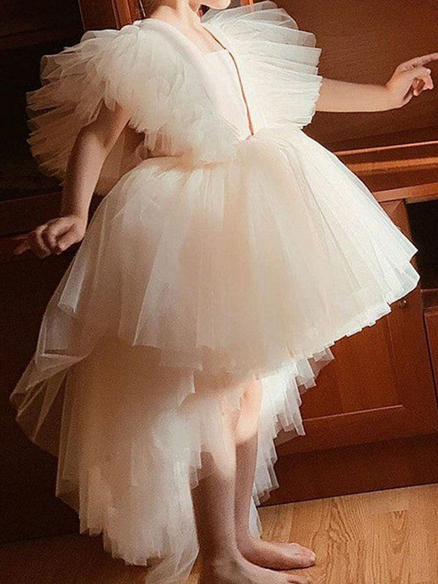 Oknass  V Neck Ball Gown Knee Length Flower Girl Dress Tulle With Tier Appliques
