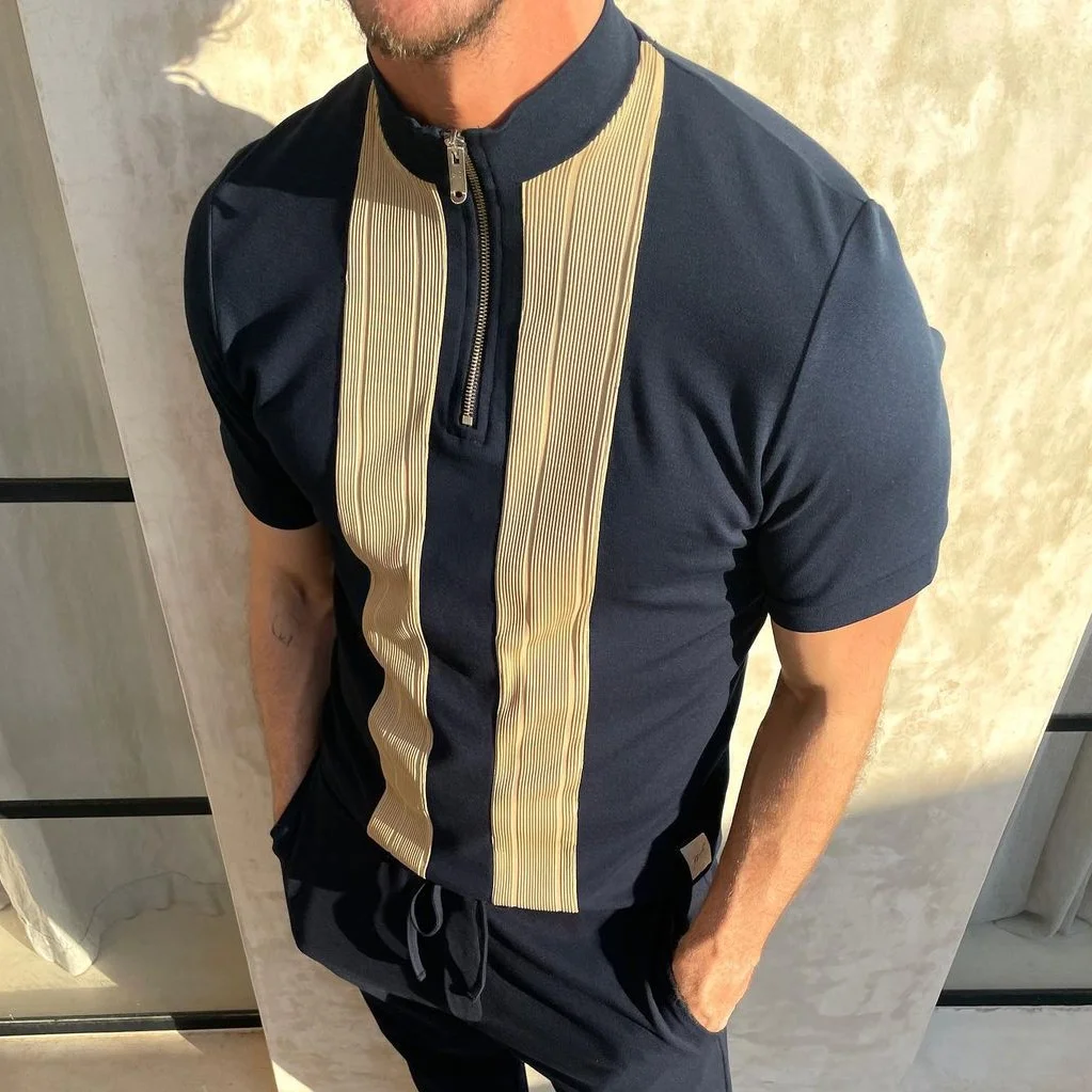 Stylish Zip Collar Short Sleeve Top