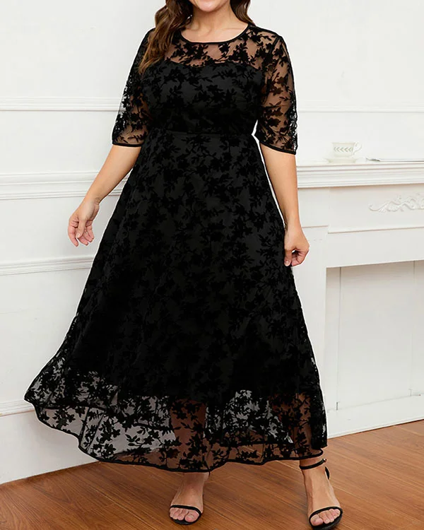 Plus Size Formal Black Lace Asymmetrical Hem Double Layer Flare Sleeve Maxi Dress-