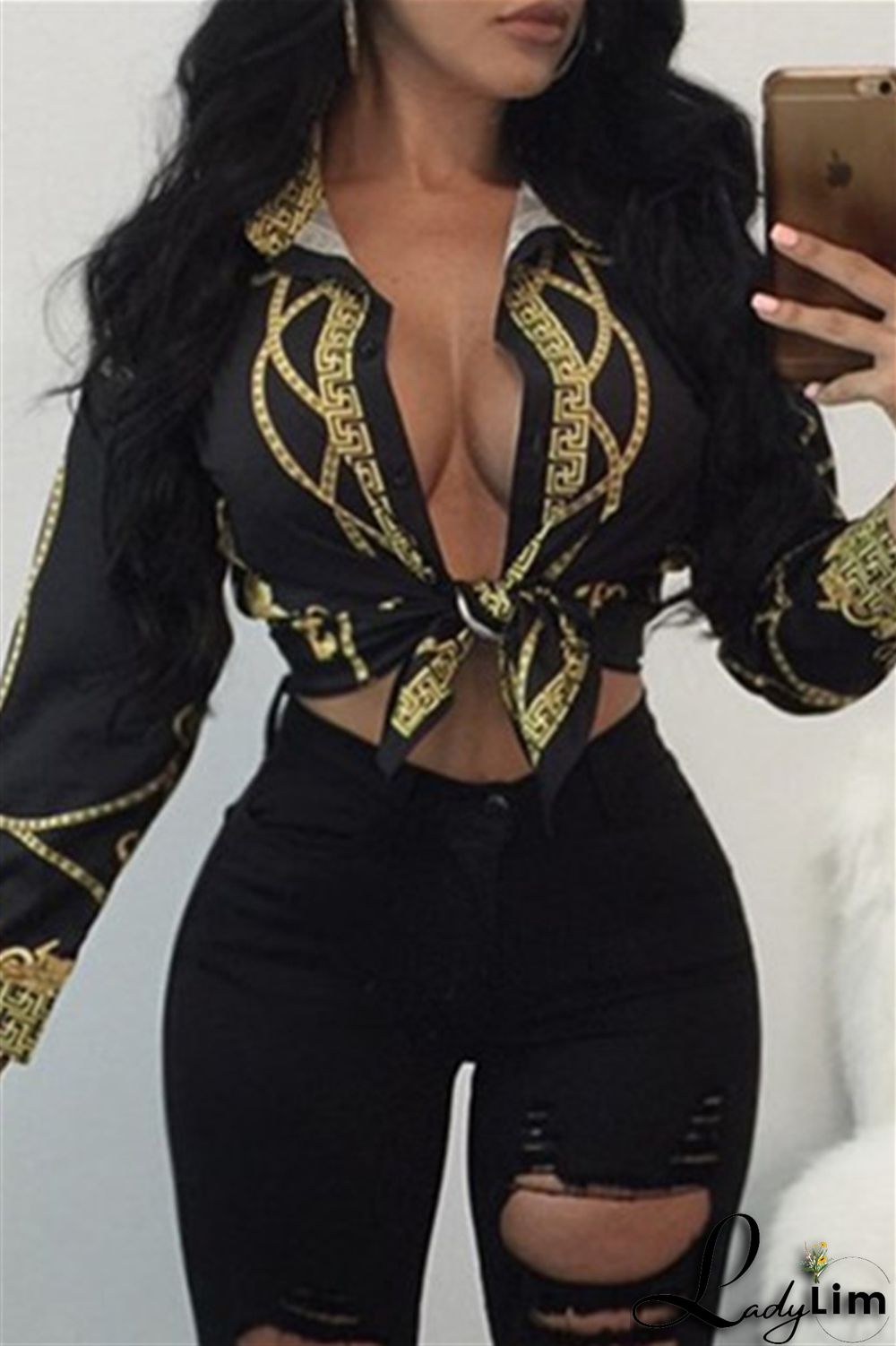 Black Fashion Casual Print Basic Turndown Collar Tops