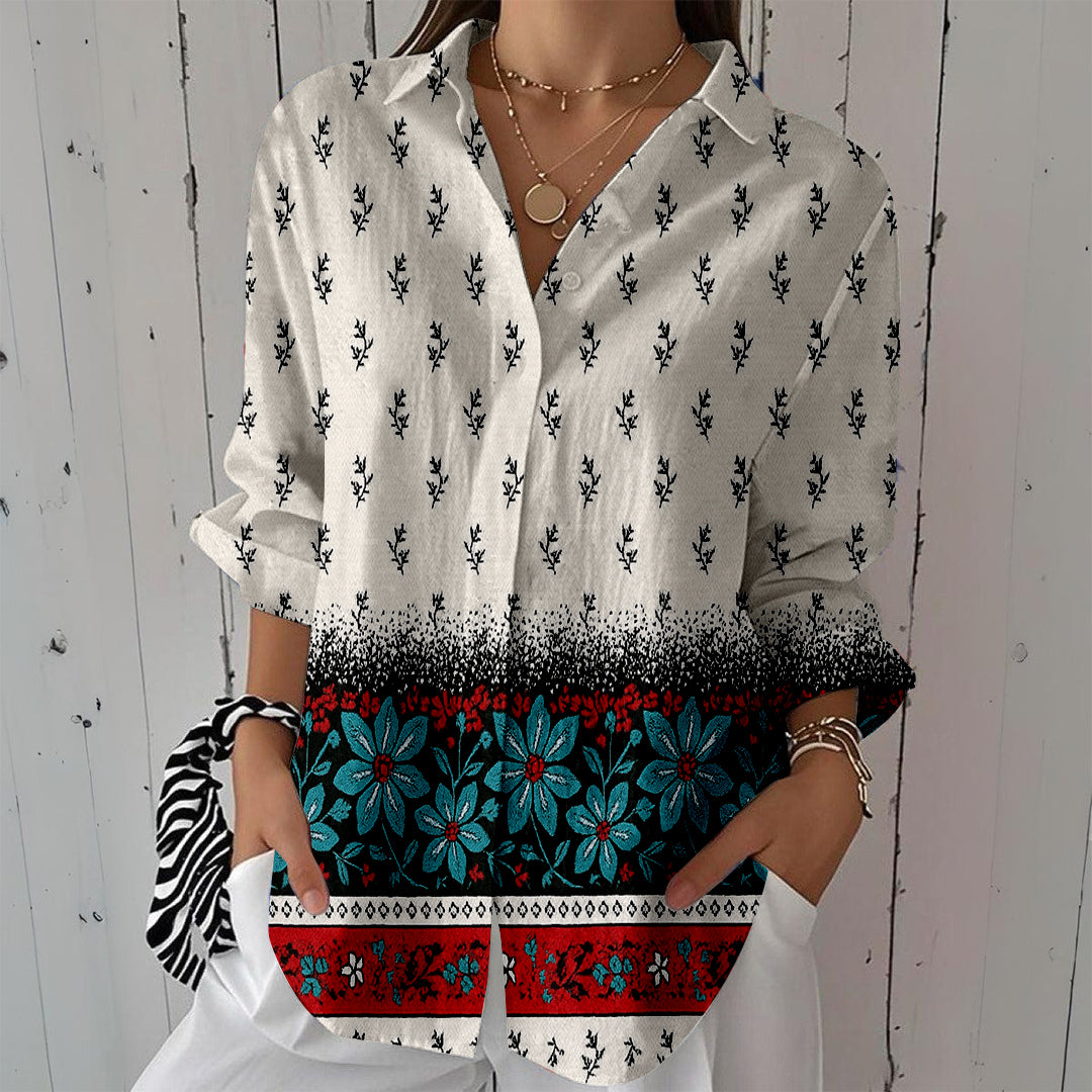 Women Long Sleeve V-neck Graphic Floral Printed Top