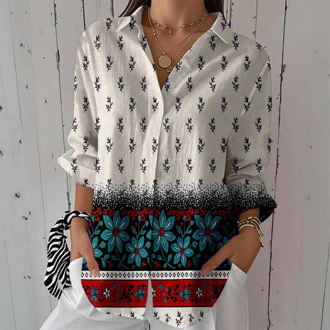 Style & Comfort for Mature Women Women Bohemian,Blue,Red DZCL0294 3/4 Sleeve Shirt Collar Printed Button Tops