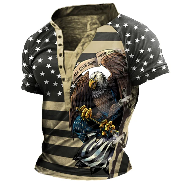 Men's Outdoor American Flag Eagle Print Henley Collar T-Shirt