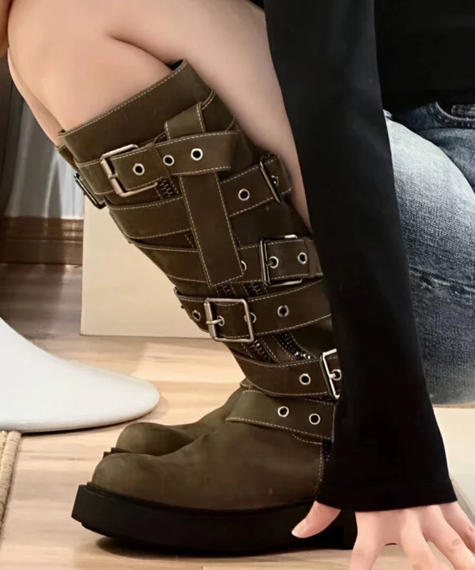 Casual Army Green Buckle Strap Faux Leather Splicing Platform High Heel Boots