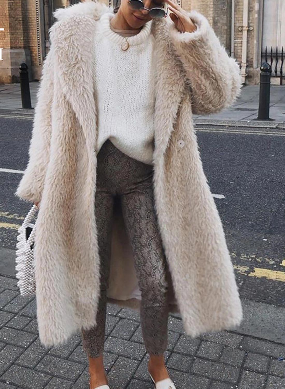 Women White Duck Down Open Front Long Faux Fur Coat Thick OverCoat