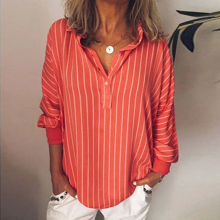 Casual Polo Collar Long Sleeve Stripes Printed Blouse