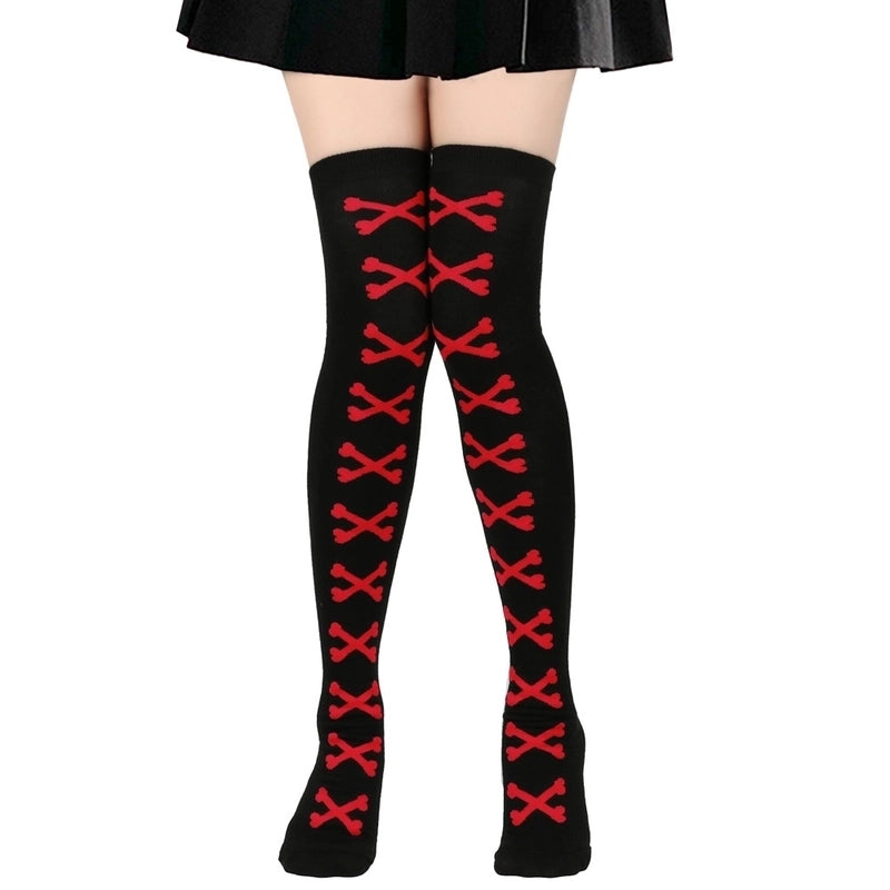 Halloween Retro Women’s Bat Blood Stains Skull Polyester Cotton Over The Knee Socks A Pair
