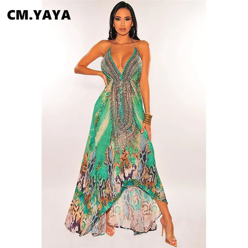 CM.YAYA Women Dress Bohemia Spaghetti Strap Halter Hollow Out V-neck Empire Loose Dresses Summer Sexy Fashion Outfit Beachwear