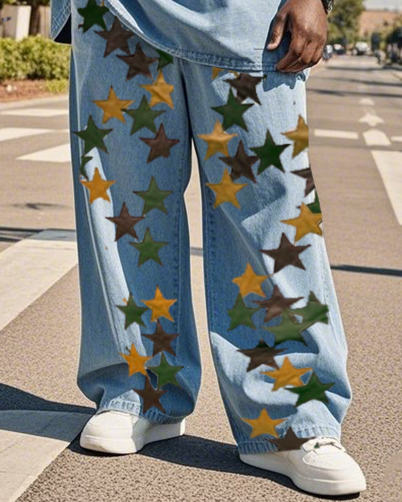 Plus Size Men Street Fashion Star Sticker Art Denim T-shirt Pants Suit