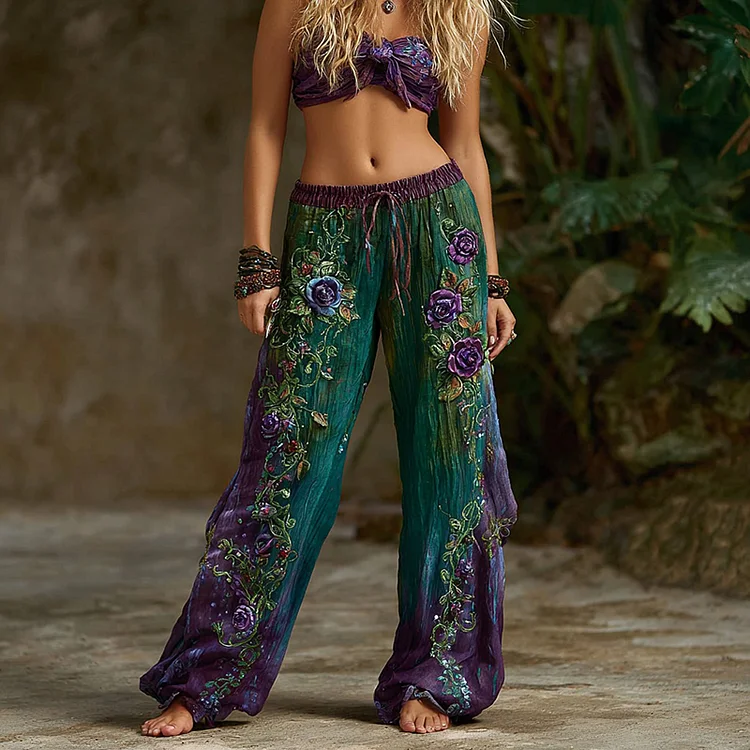Women's Vintage Rose Floral Pattern Casual Wide Leg Pants