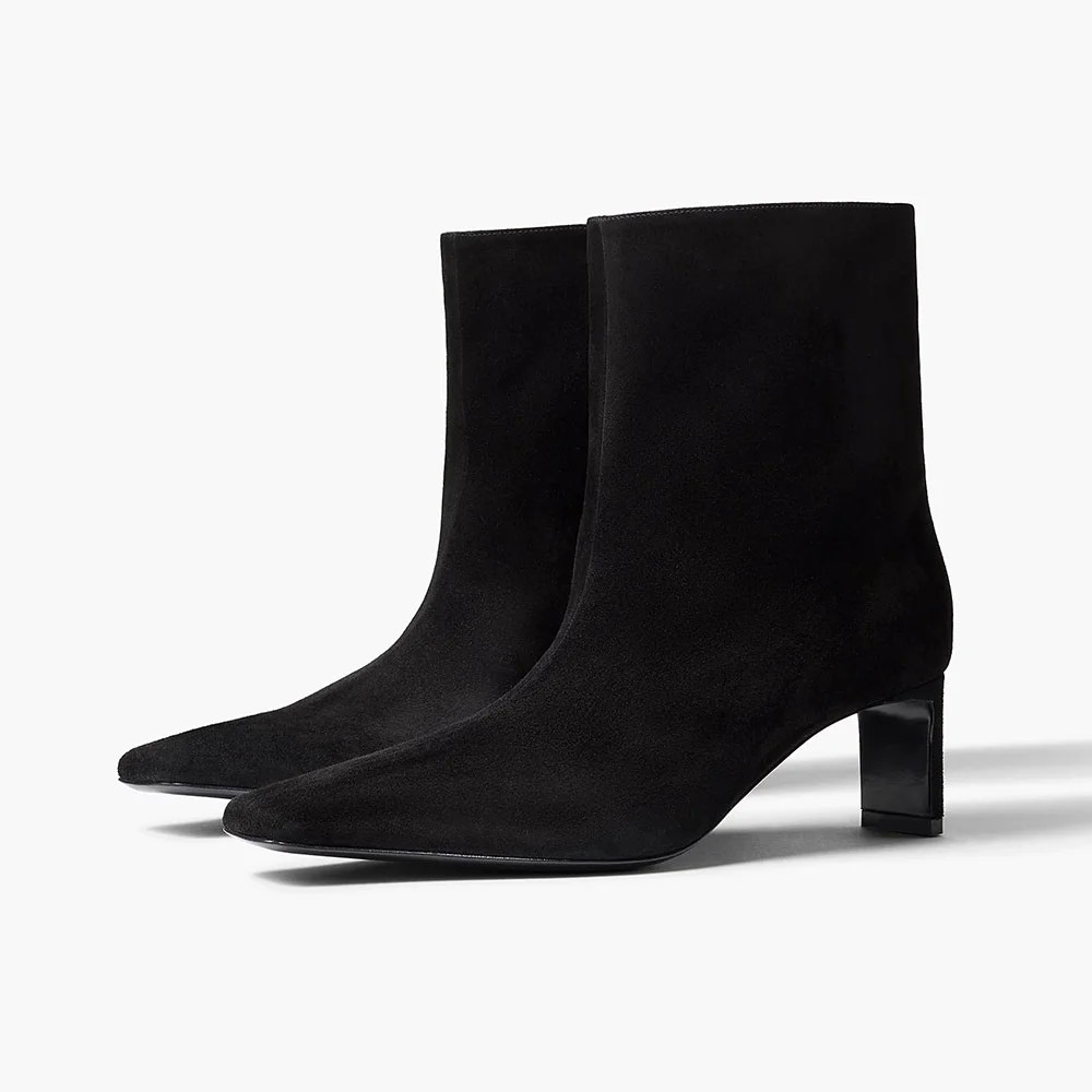 Black Vegan Suede Short Square Toe Boots with Chunky Mid Heel 