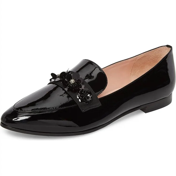 Black Patent Leather Vintage Beaded Flower Flats Women's Loafers |FSJ Shoes