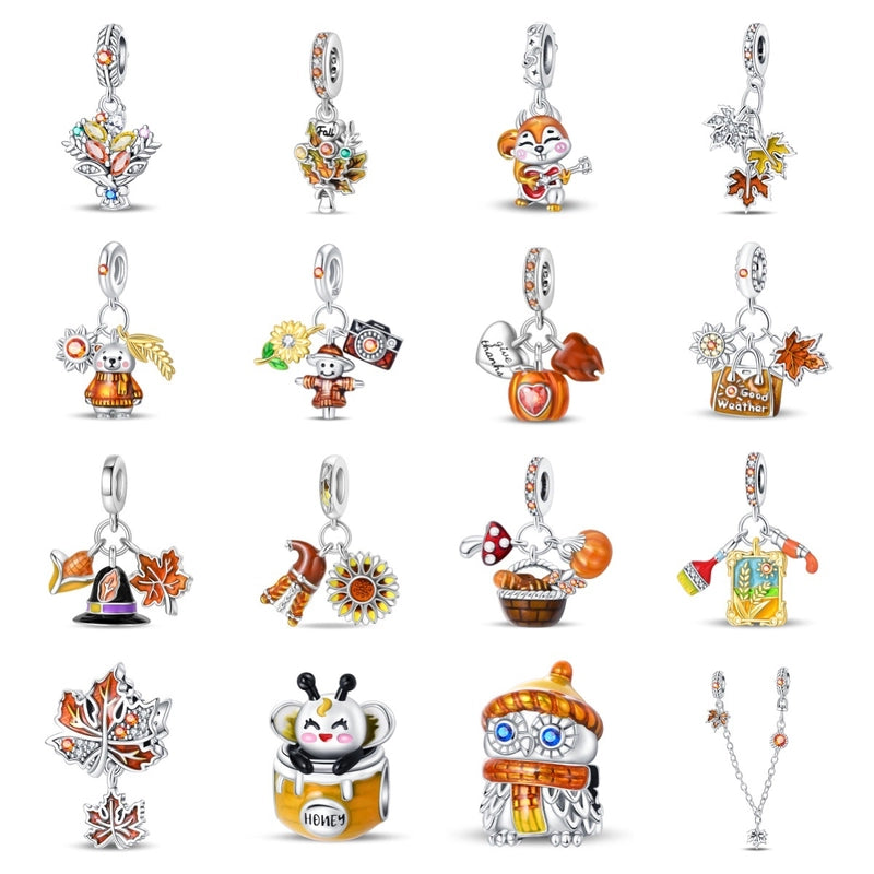 925 Silver Plated DIY Ornament Accessories Bracelet Autumn Thanksgiving Maple Leaf Owl Charm Beads New
