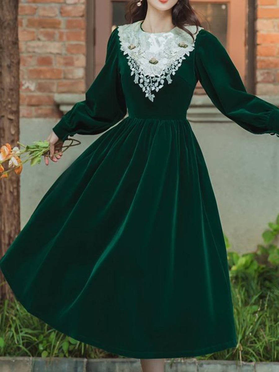 Women's Dresses Round Neck Long Sleeve Velvet Embroidered Swing Dress