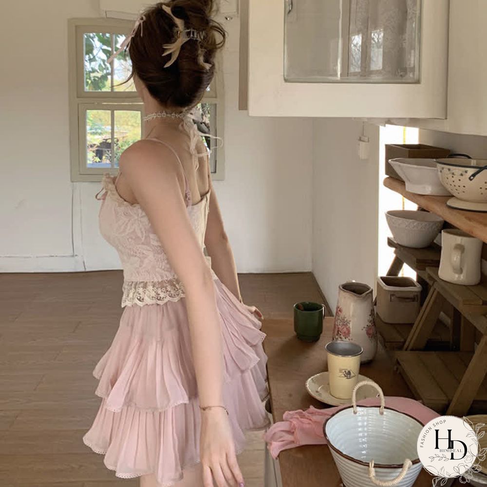 Pure Color Cardigan Lace-up Lace Corset Top Layered Mini Skirt