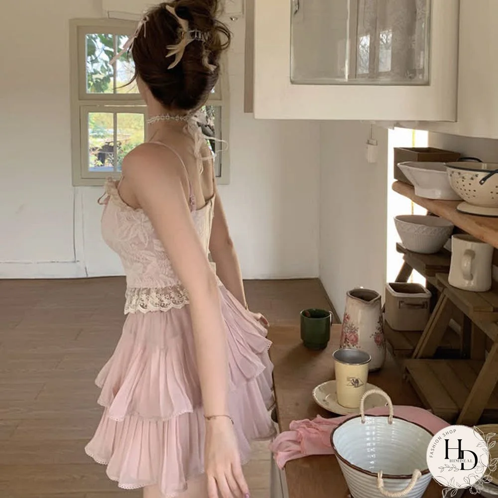 Pure Color Cardigan Lace-up Lace Corset Top Layered Mini Skirt