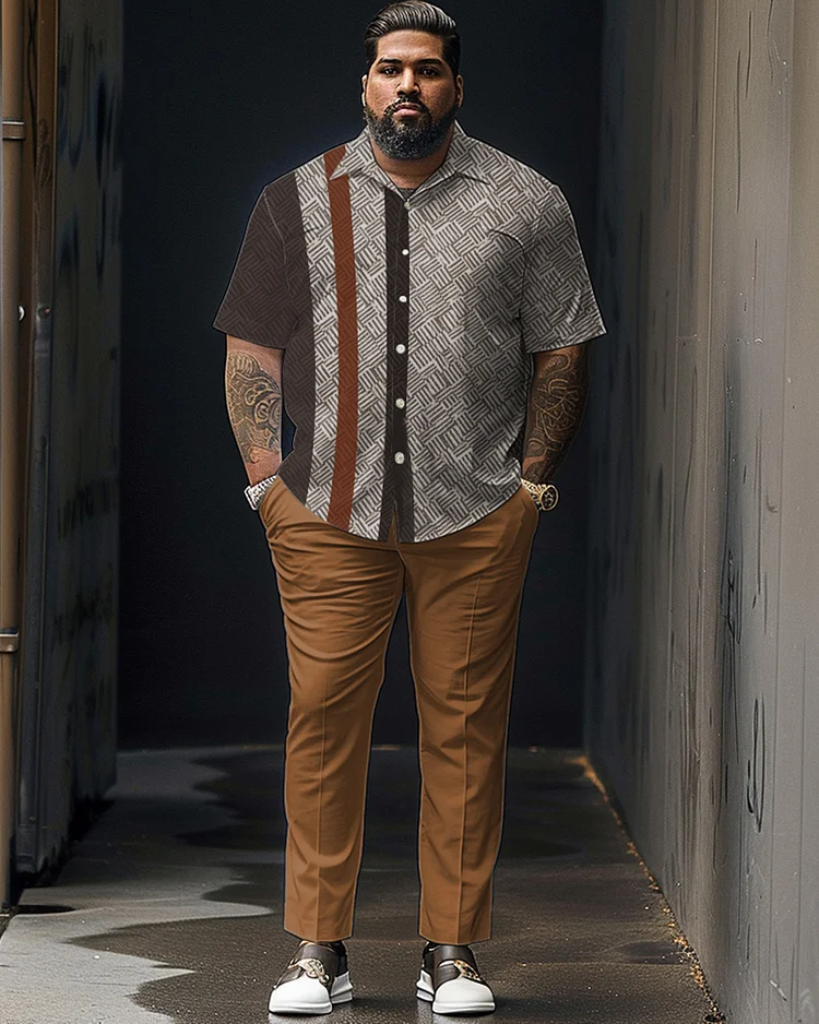Contrast Color Geometric Large Size Classic Printed Men's Short-sleeved Pants Set