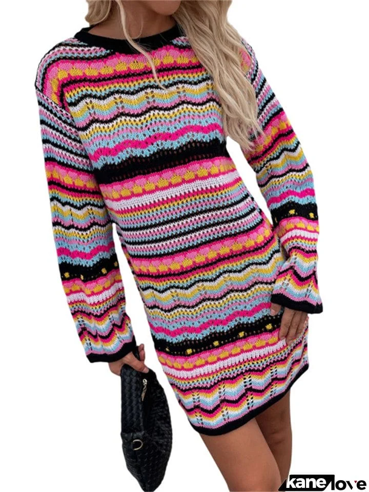 New Trendy Striped Knitted Long Sleeve Crochet Dresses