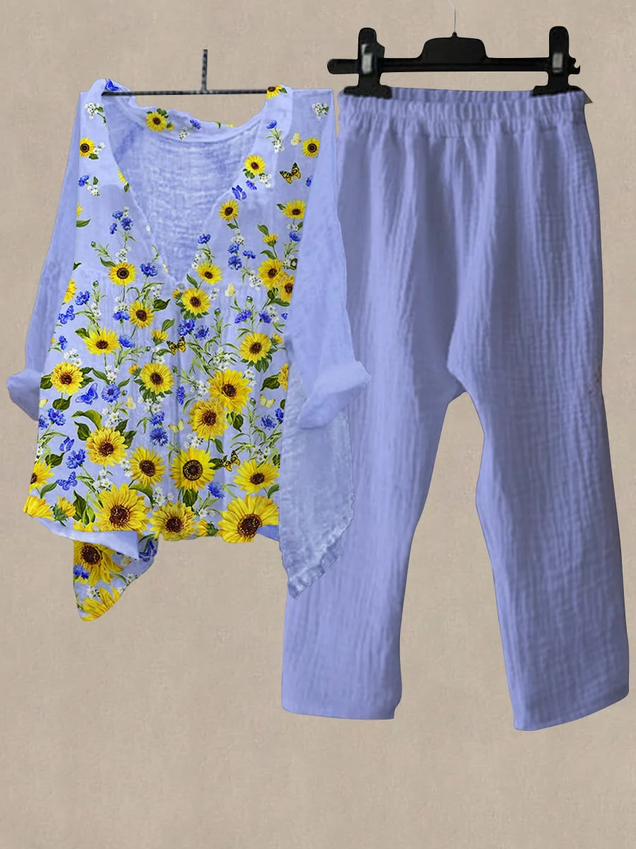 Women's Sunflower Print Shirt Collar Top And Casual Pants Linen Two Pieces