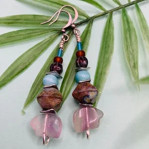 pornhint Pornhint Multi Bead and Lavender Bear Earrings, Turquoise and Lavender Dangles, Fetish Bear Dangle Earrings, Boho Bear and Multi Bead Dangles