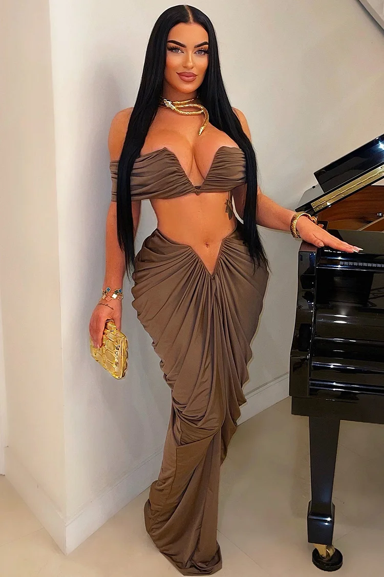 Strapless Notched Collar Crop Top V-Rise Ruched Slim-Fit Maxi Skirt Cocktail Party Matching Set