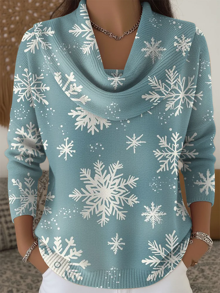Women's Christmas Snowflake Pattern Print Cowl Neck Sweater