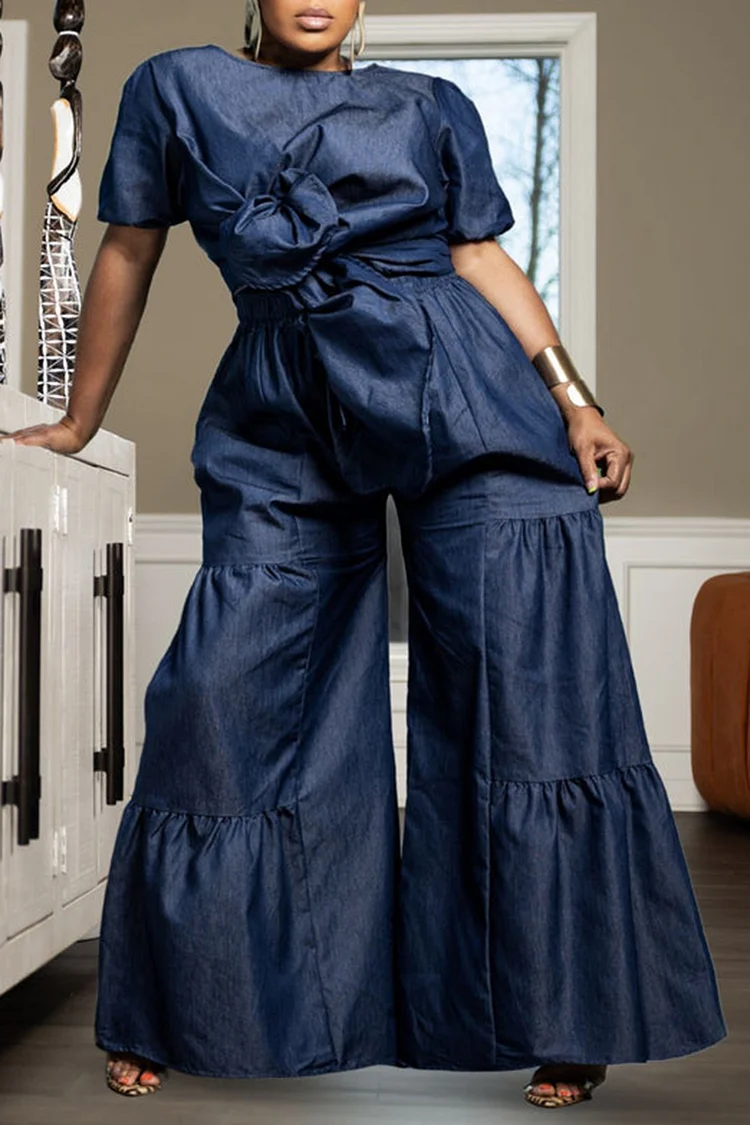 Plus Size Business Casual Blue Round Neck Short Sleeve 3D Pocket Tencel Denim Two Piece Pant Sets [Pre-Order] 2024 - Xpluswear