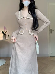 Cardcake gold prom dresses 2025 New Autumn Chic Knitted Dresses for Women Solid Slim Elegant High Waist A Line Korean Sweater Dress Winter Female Knitwear