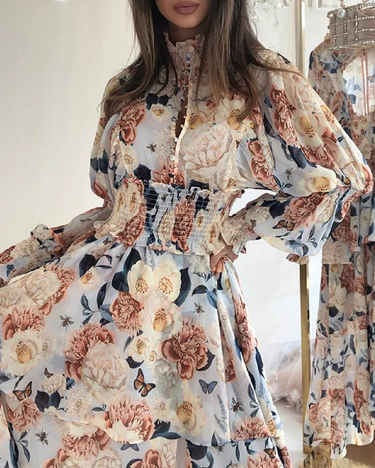 Pleated Print Long Sleeve Slit Maxi Dress