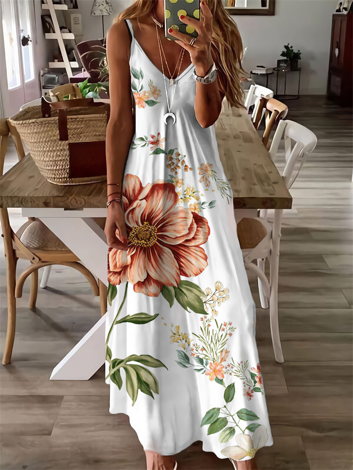 Women's Long Dress Maxi Dress Casual Dress Summer Dress Slip Dress Floral Casual Modern Outdoor Daily Holiday Ruched Print Sleeveless Strap Dress Slim White Spring Summer S M L XL XXL