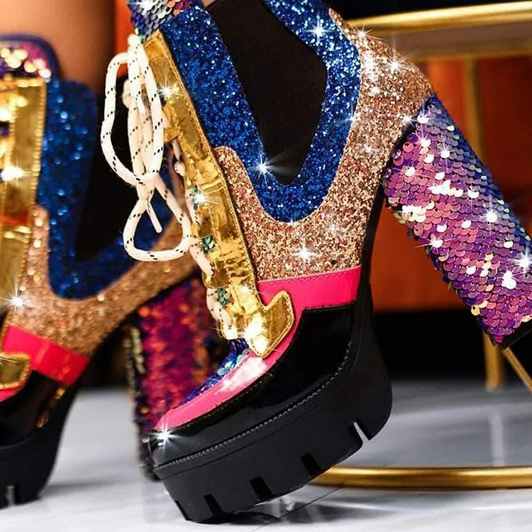 Multi Color Lace up Boots Glitter Sequined Chunky Heel Ankle Boots |FSJ Shoes