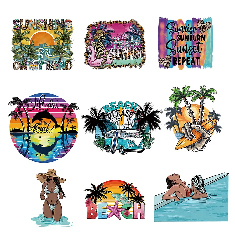 9 Sheets Summer Iron on Patches Heat Transfer Vinyl Patch Sticker forT-Shirt