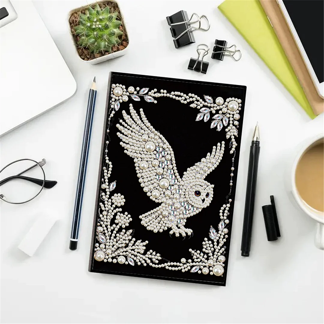 Owl Partial Pearl DIY 50 Pages A5 Diamond Painting Notebook Special Shaped Diamond Art Diary Book Kits Wireless Strip 5D Crystal Art Paintings Sketchbook for Art Drawing