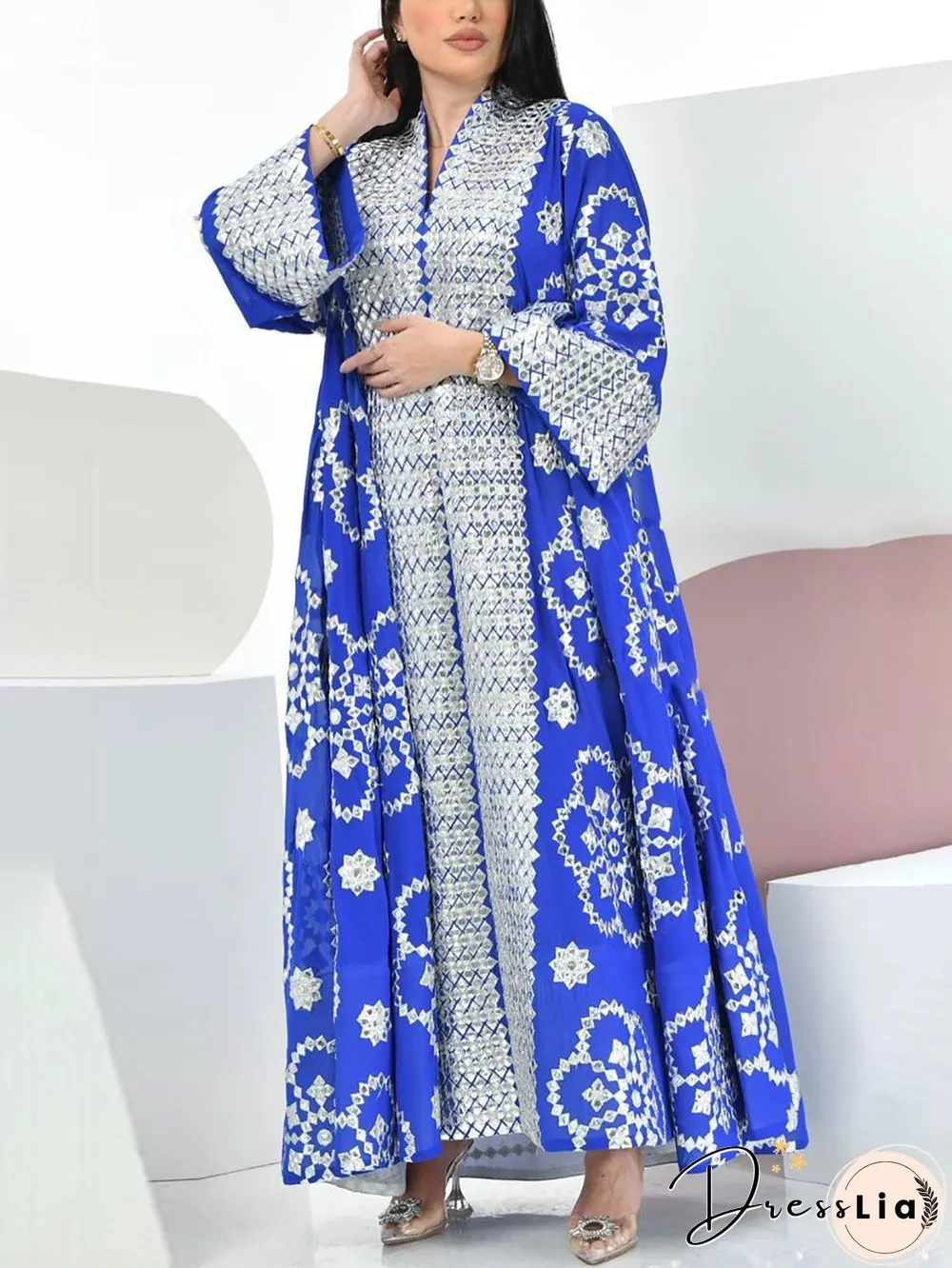 Sliver Flower Pattern Blue Dress