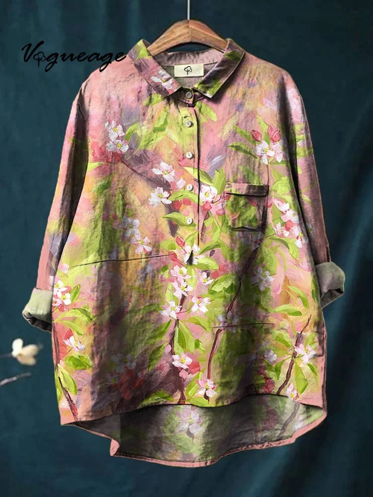 Flower Oil Painting Printed Cotton And Linen Shirt