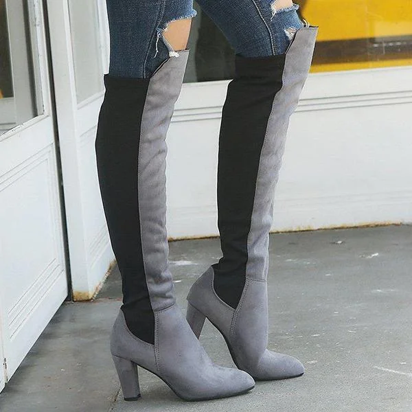 Women Elegant Color Block Slip-On Chunky Heel Wide Calf Boots