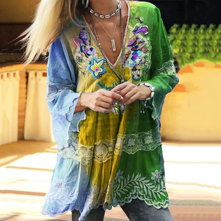 VChics Vintage Boho Purple Floral Embroidered Color Block Patchwork Linen V-neck Tunic