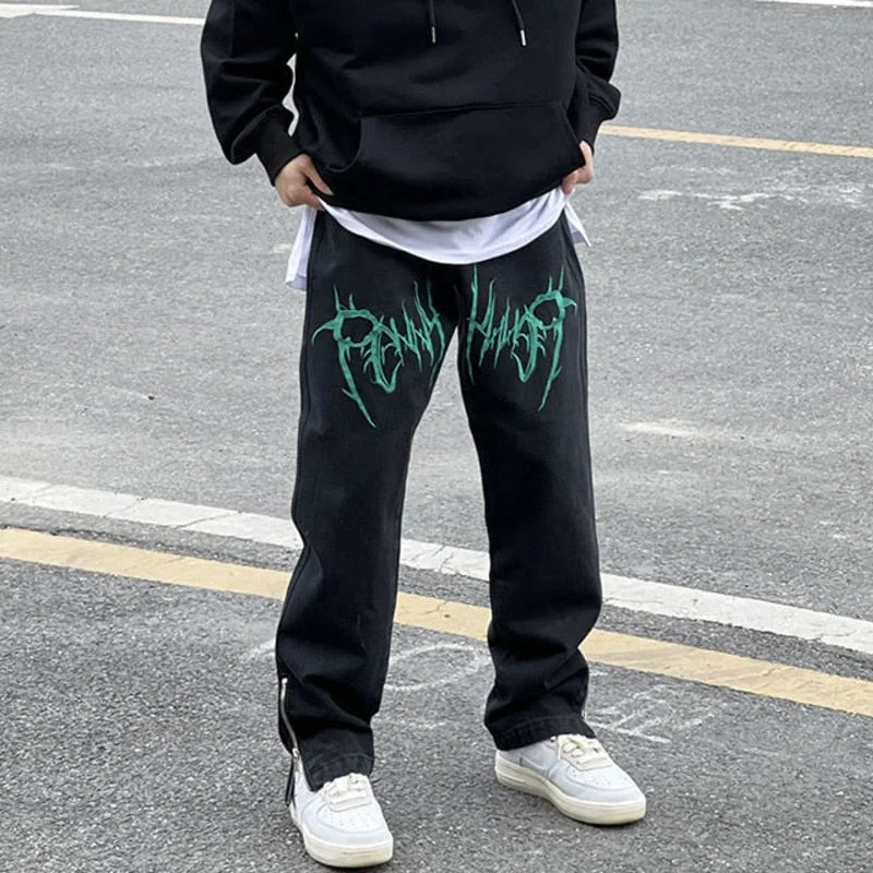 New High Street Wash Embroidery Hip Hop Black Jeans Men's Loose Straight Tube American Hiphop Side Zipper Floor Pants