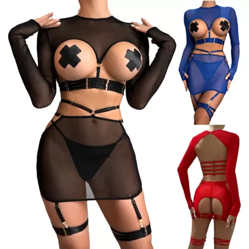 pornhint Pornhint Womens 2 Pcs Nightwear Cupless Crop top Open butt skirts See through Clubwear New