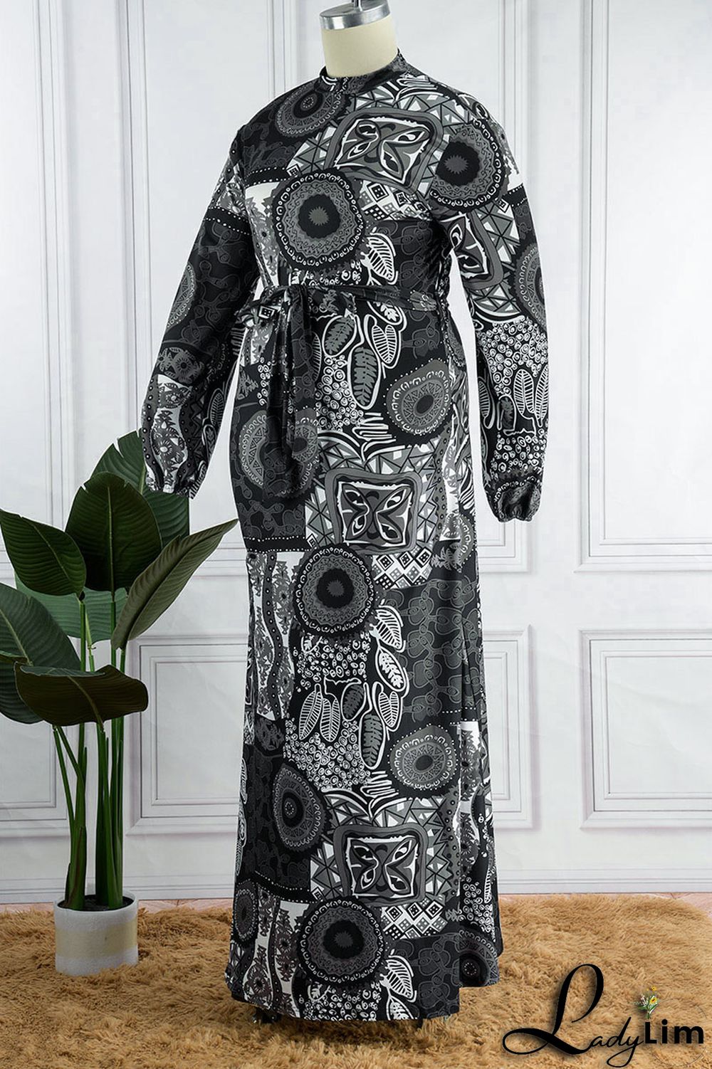 Black Fashion Casual Print Patchwork O Neck Straight Plus Size Dresses
