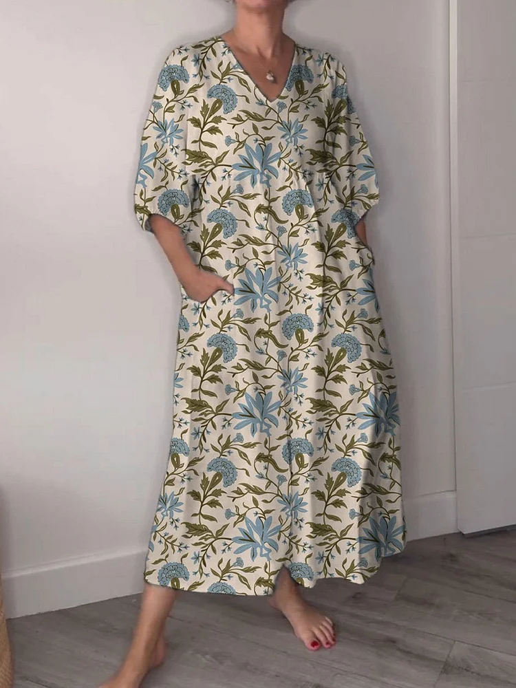 Vintage Hydrangea Pattern Printed Women's Pocket V-Neck Cotton Dress