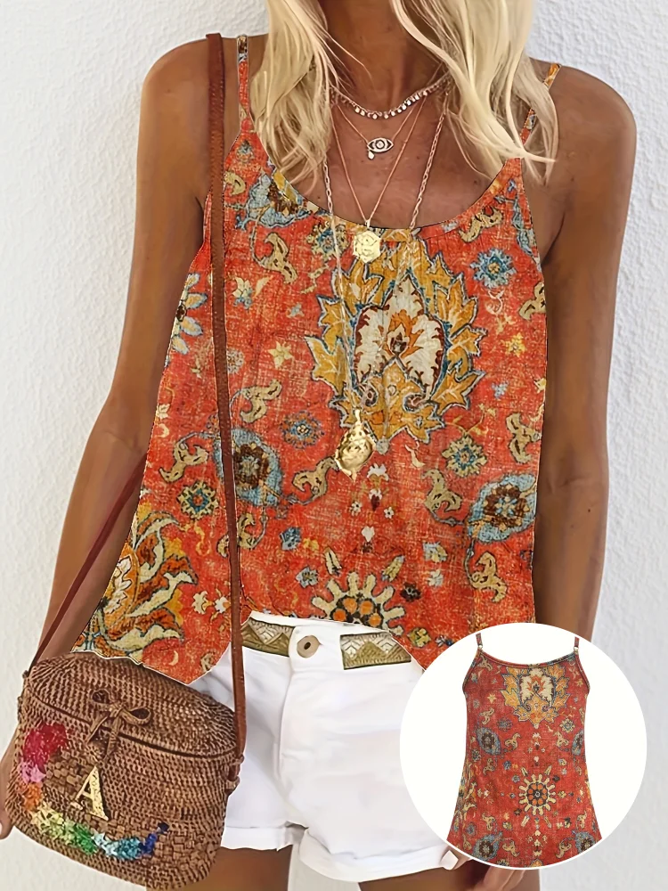 Women's Vibrant Orange Floral Print Sleeveless Tank Top - Casual Summer Wear, Polyester Fabric, Boho Chic Style, Machine Washable, Perfect For Casual Attire, Ladies Tank To