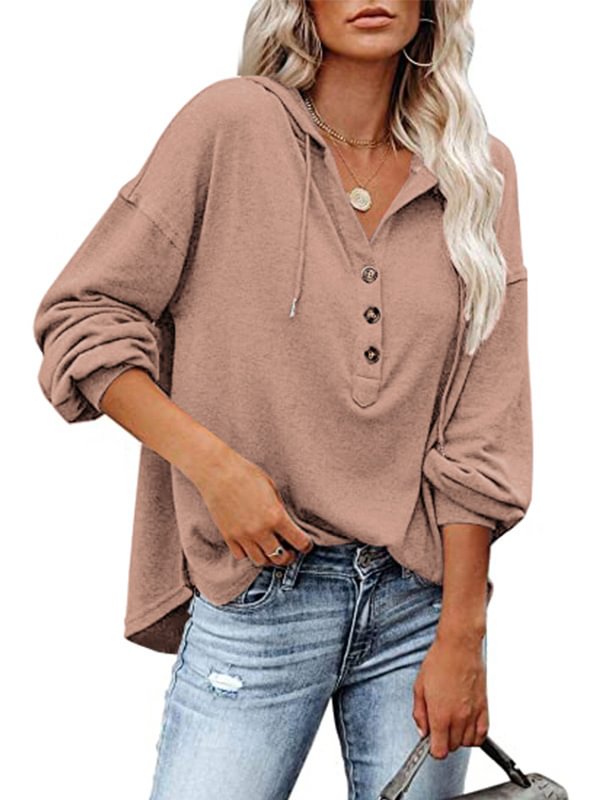 Loose Casual 7 Colors Buttoned Drawstring Hooded V-Neck Long Sleeves Hoodies