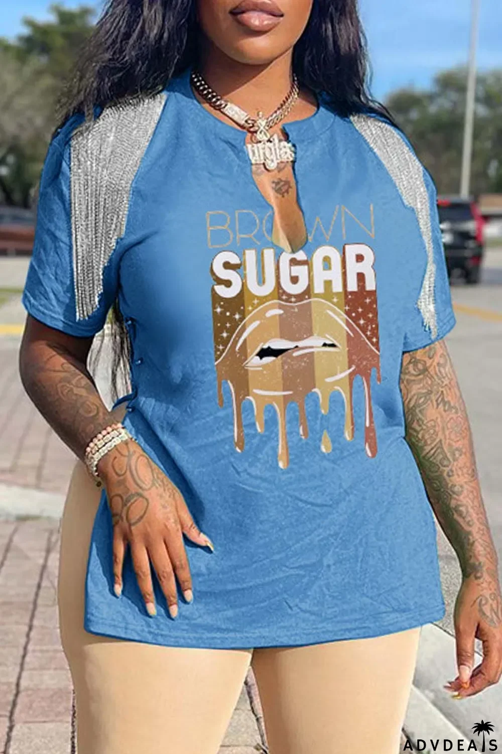 Grey Casual Print Tassel Patchwork V Neck T-Shirts