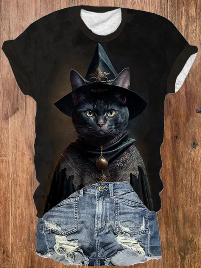 Women's Black Cat Witch Print Crewneck T-Shirt