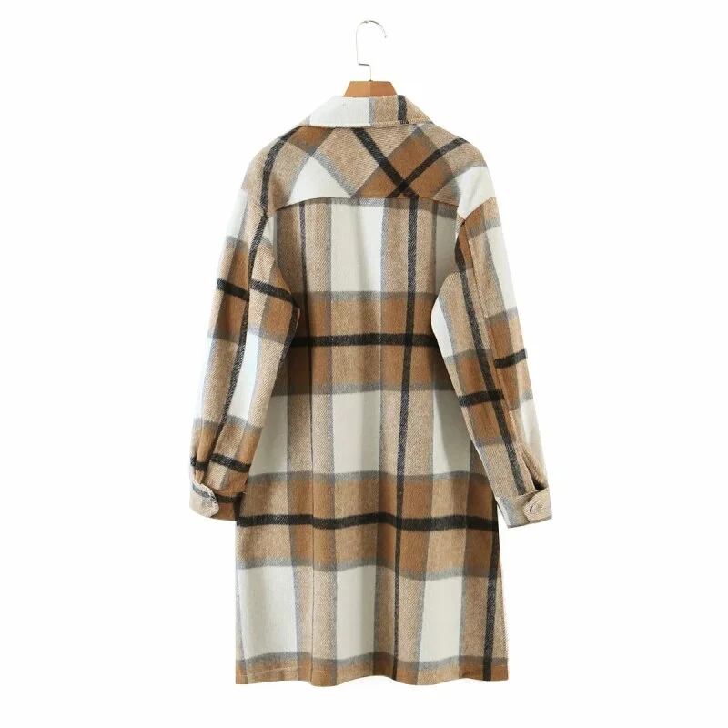 Stylish Women Khaki Plaid Long Woolen Jacket Female Fashion Turn-down Collar Coat Girls Chic Outerwear