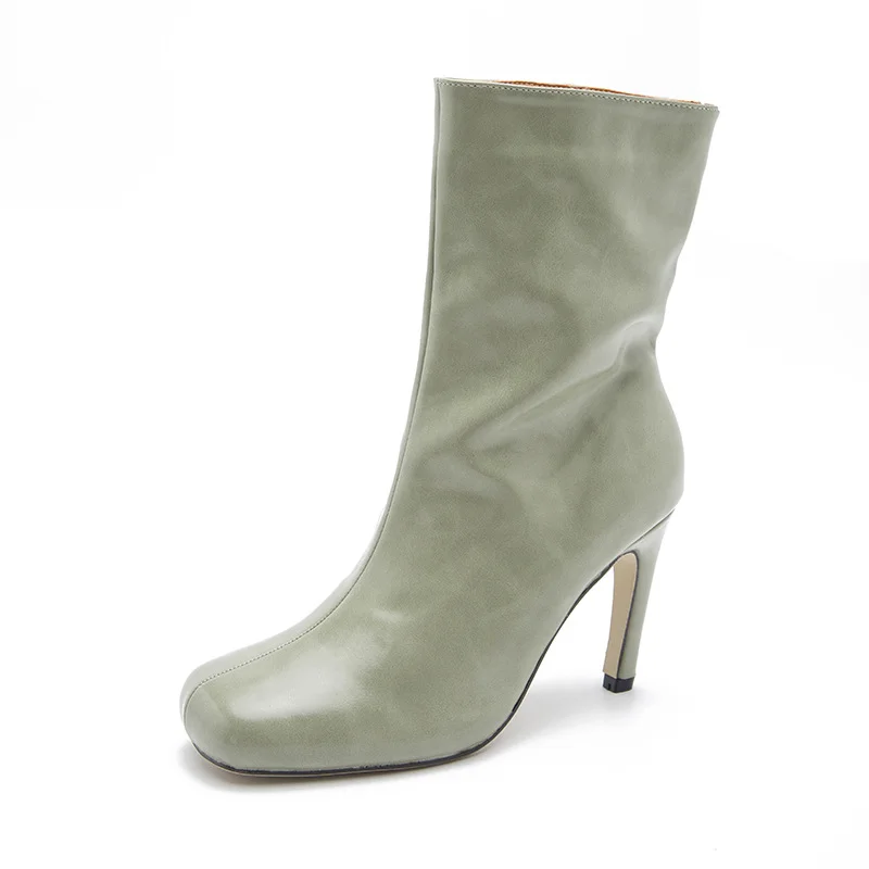 Women's slouchy stiletto heels mid calf boots suqare toe dress boots