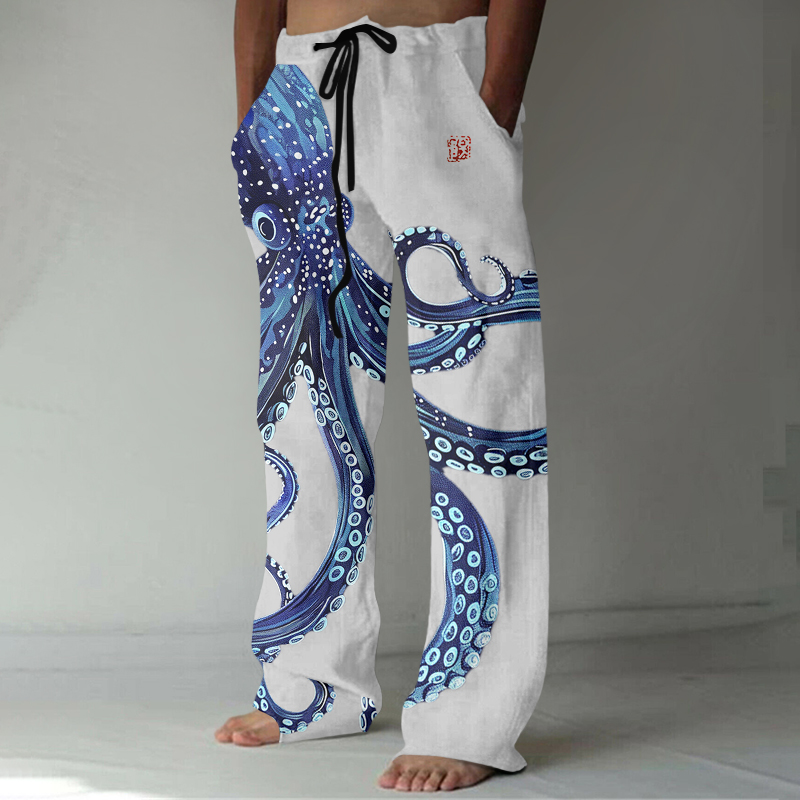 Comstylish Japanese Art Octopus Print Casual Linen Blend Pants